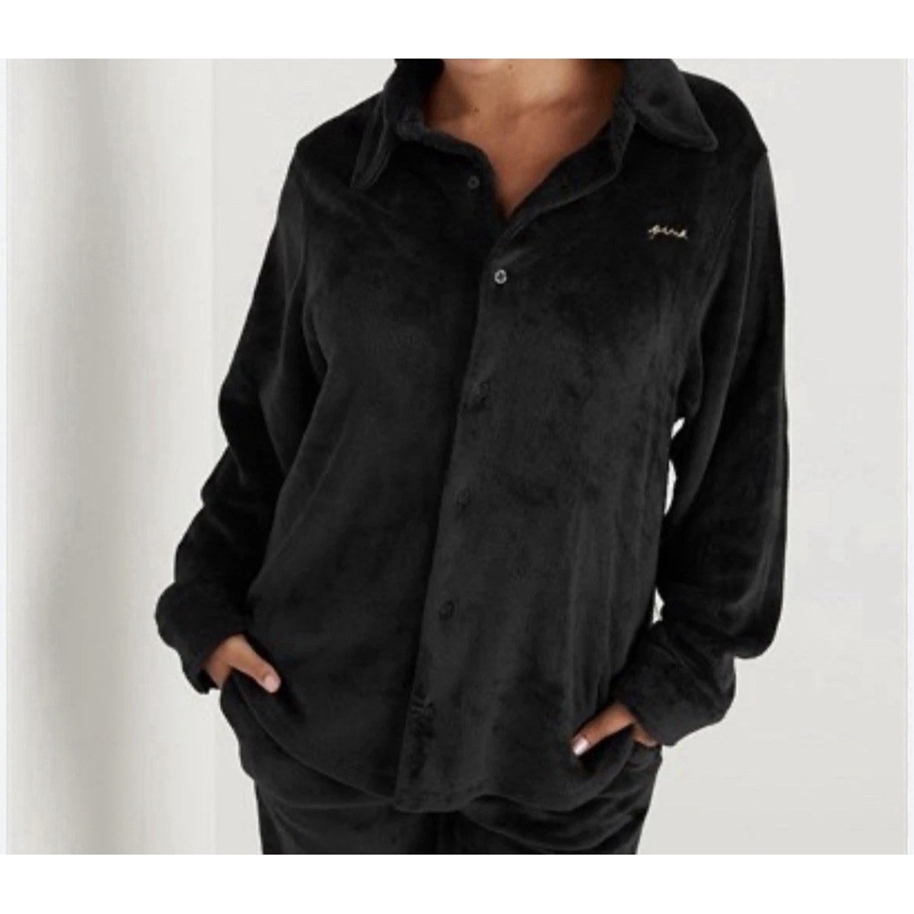 PINK Victoria's Secret Teddy Fuzzy Sleep Lounge Shirt Black Small Cozy Button Up